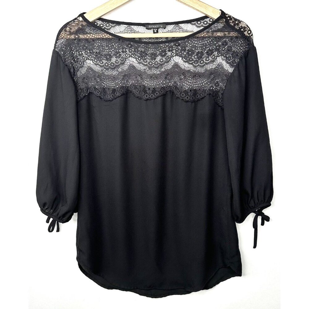 Dynamite Women Blouse Lace Knit 3/4 Bell Sleeve Pullover Black Size X-Small